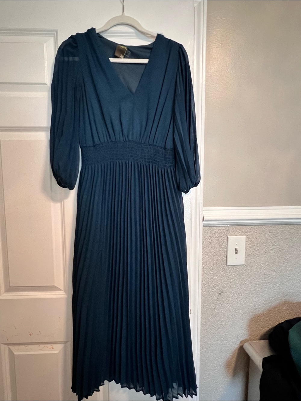 Taylor Teal Pleated V-Neck Midi Dress